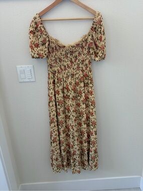 Reformation Floral Smocked Midi Dress in Cream and Rose